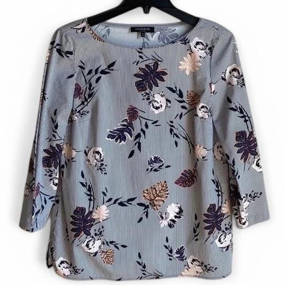 Lafayette 148 New York Tops - Lafayette 148 Blue White Striped floral Boat-Neck blouse | Sz 10 | Nautical Top